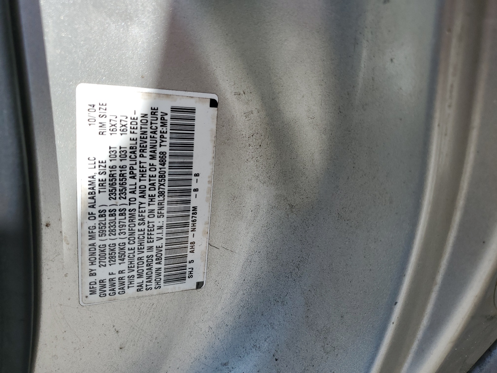 5FNRL387X5B014868 2005 Honda Odyssey Exl