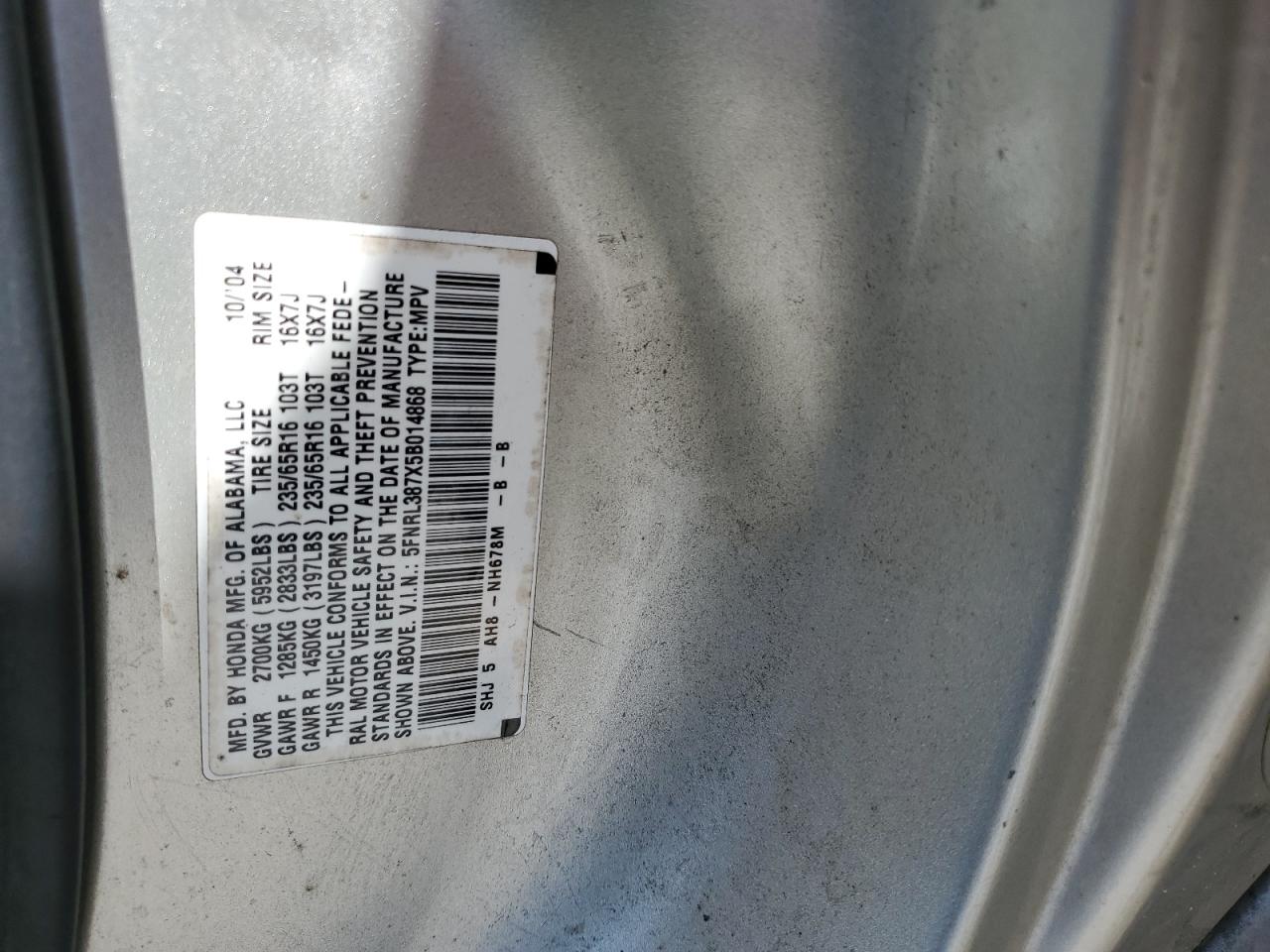 2005 Honda Odyssey Exl VIN: 5FNRL387X5B014868 Lot: 59464594