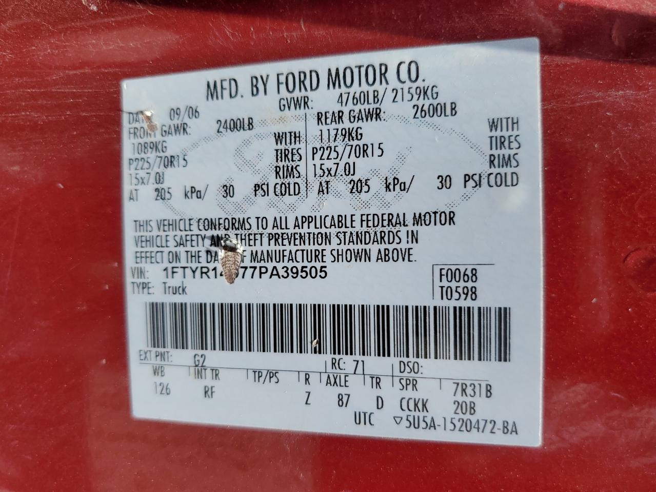 2007 Ford Ranger Super Cab VIN: 1FTYR14D77PA39505 Lot: 58576184