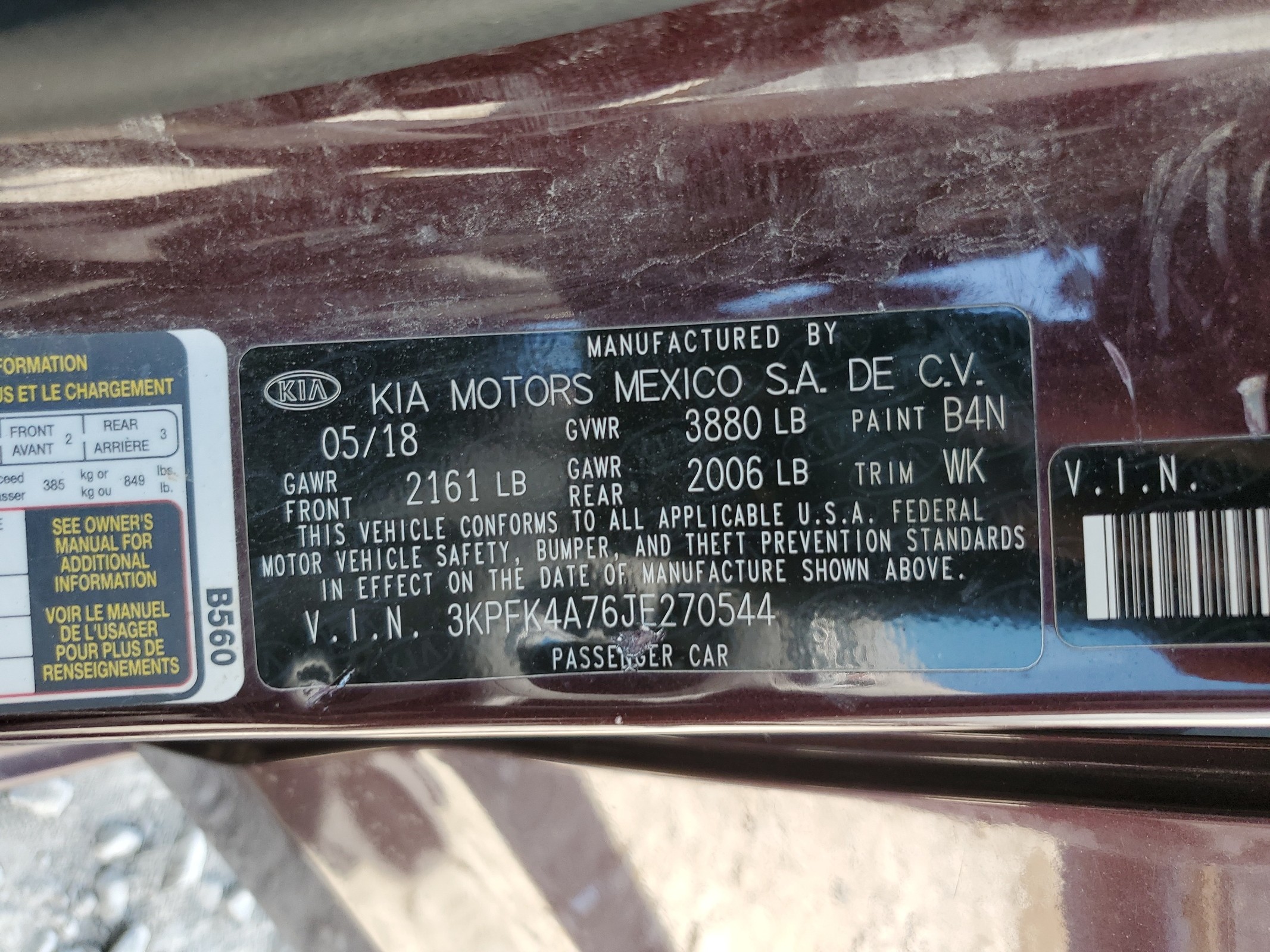 3KPFK4A76JE270544 2018 Kia Forte Lx