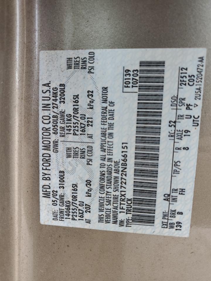 2002 Ford F150 VIN: 1FTRX17272NB66151 Lot: 57135364