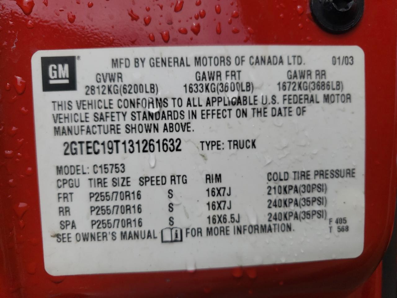 2003 GMC New Sierra C1500 VIN: 2GTEC19T131261632 Lot: 57864124