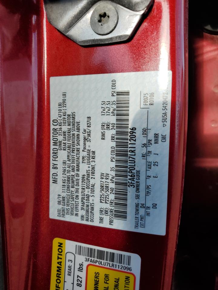 2020 Ford Fusion Se VIN: 3FA6P0LU7LR112096 Lot: 59748314