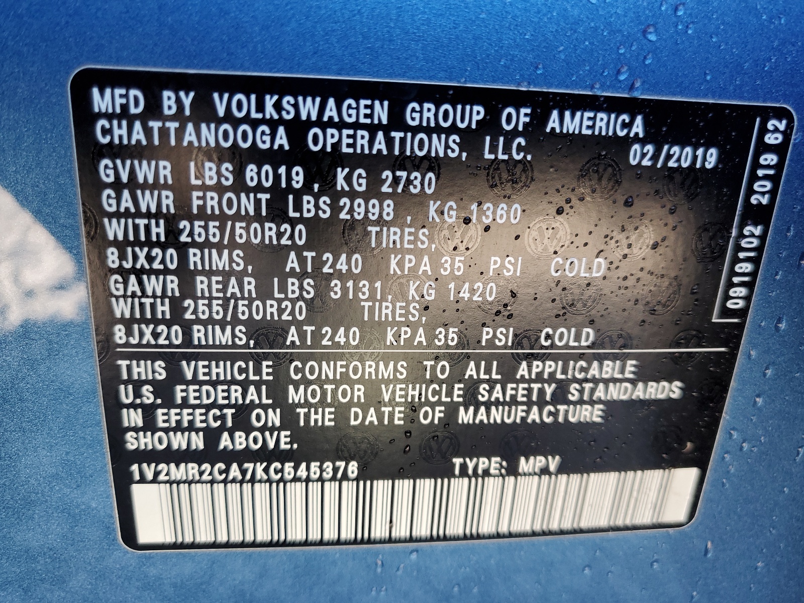 1V2MR2CA7KC545376 2019 Volkswagen Atlas Sel