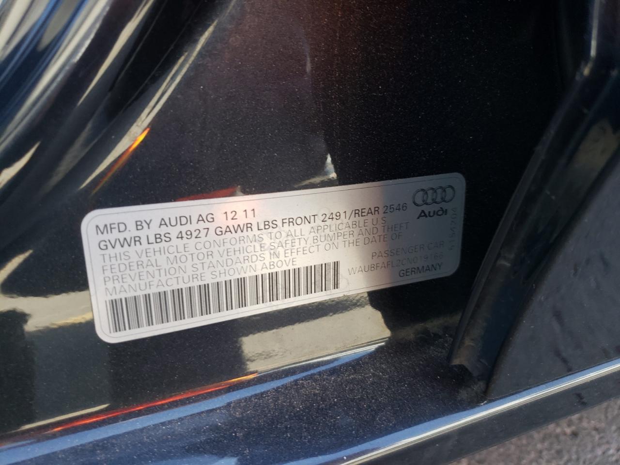 2012 Audi A4 Premium VIN: WAUBFAFL2CN019166 Lot: 61170944