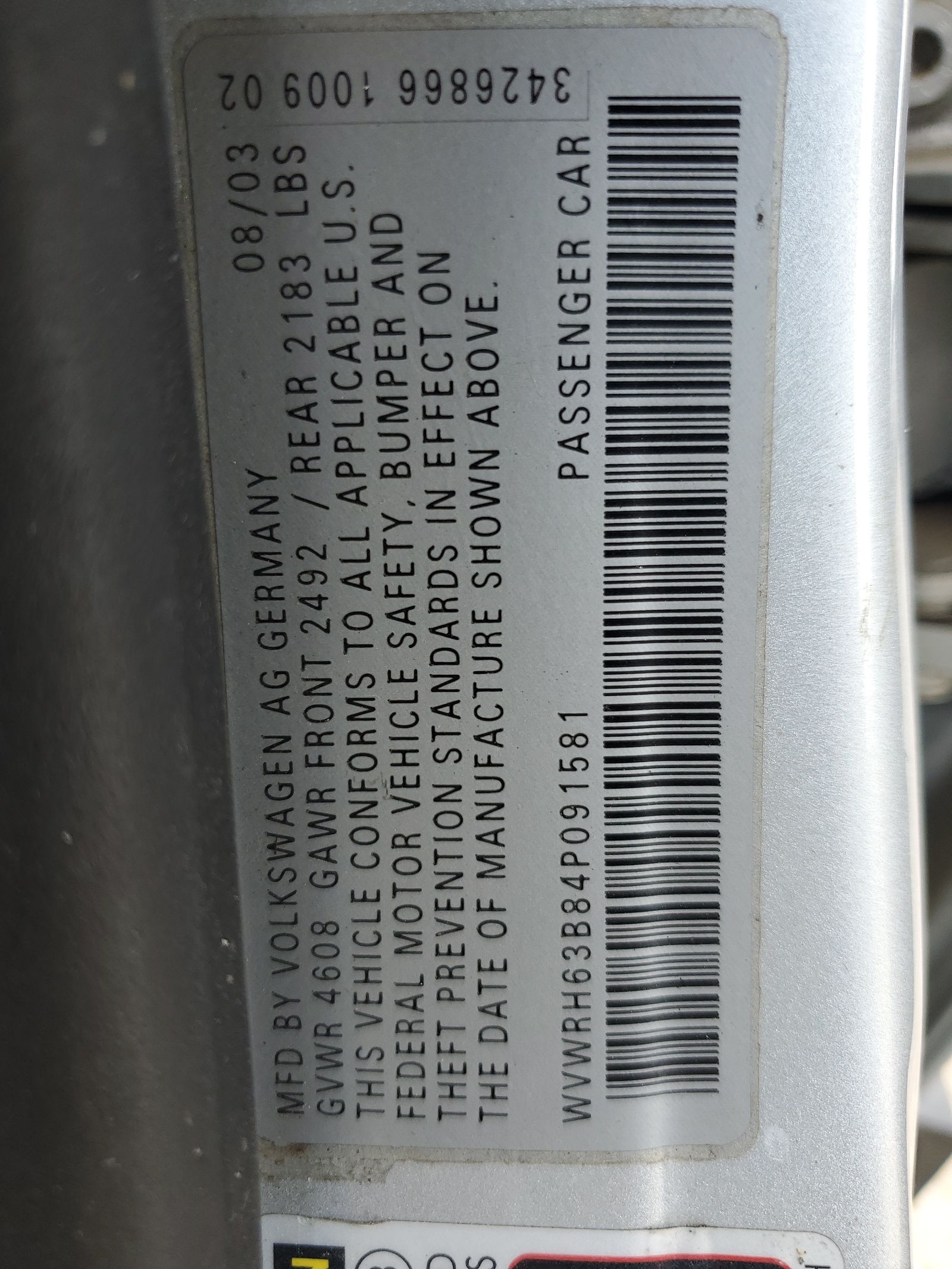 WVWRH63B84P091581 2004 Volkswagen Passat Glx