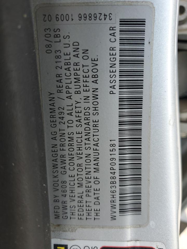 2004 Volkswagen Passat Glx VIN: WVWRH63B84P091581 Lot: 58897854