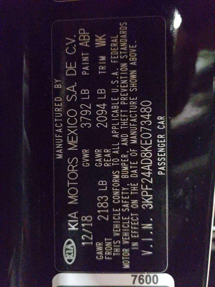 2019 Kia Forte Fe VIN: 3KPF24AD8KE073480 Lot: 59916164