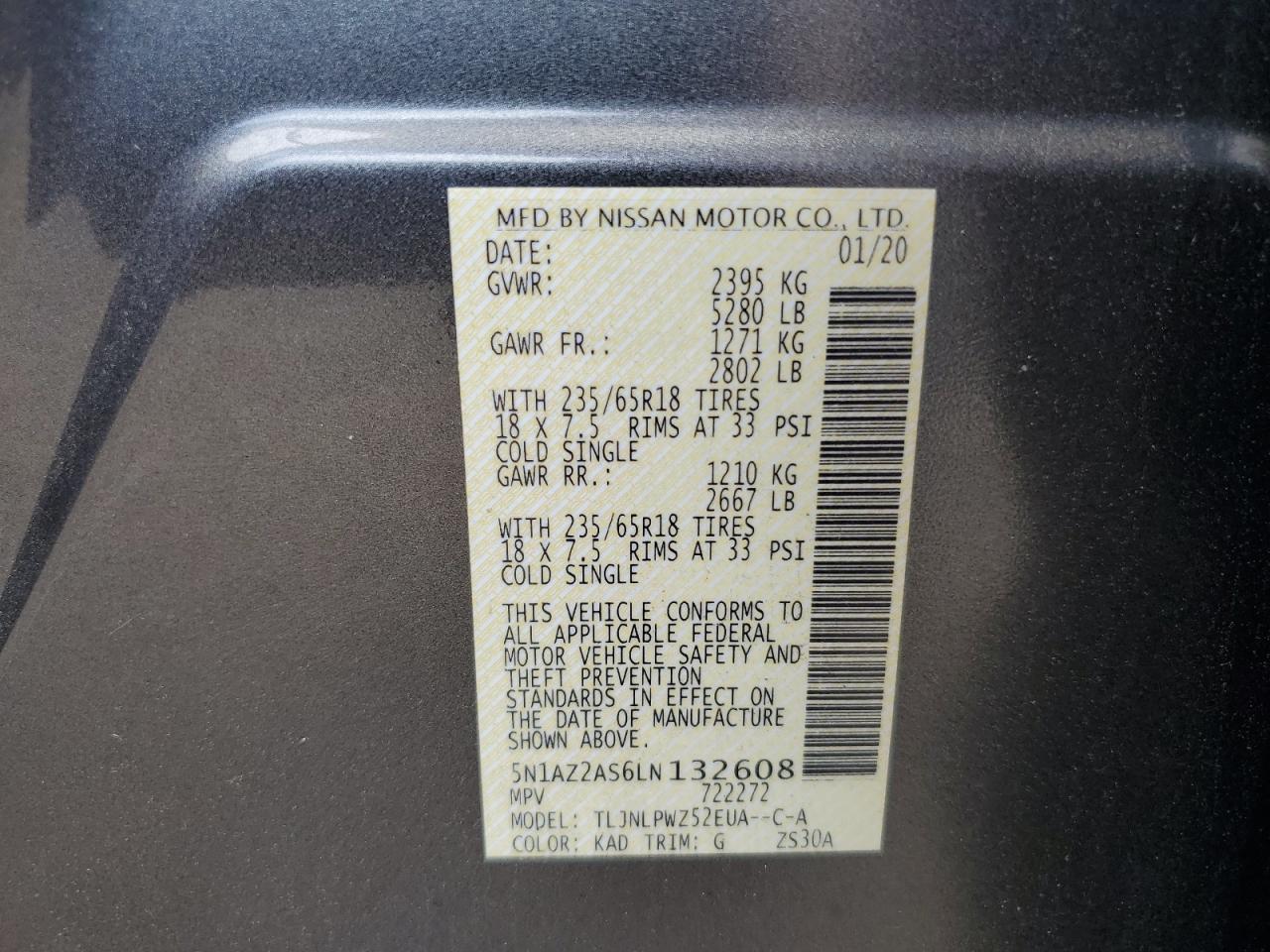 2020 Nissan Murano S VIN: 5N1AZ2AS6LN132608 Lot: 60667514