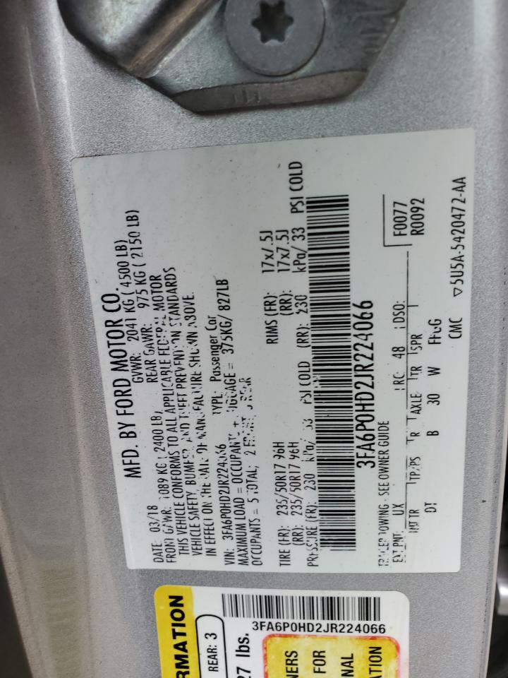 2018 Ford Fusion Se VIN: 3FA6P0HD2JR224066 Lot: 59715584