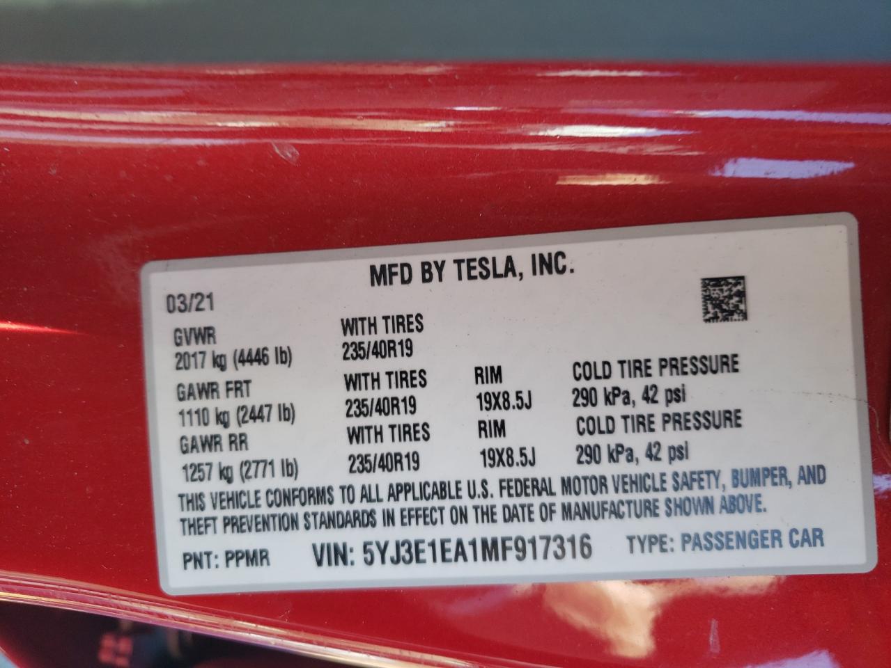 2021 Tesla Model 3 VIN: 5YJ3E1EA1MF917316 Lot: 55901824