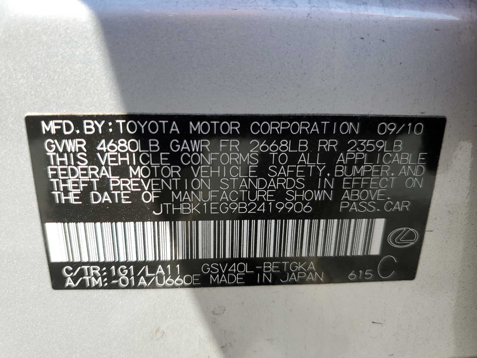 JTHBK1EG9B2419906 2011 Lexus Es 350