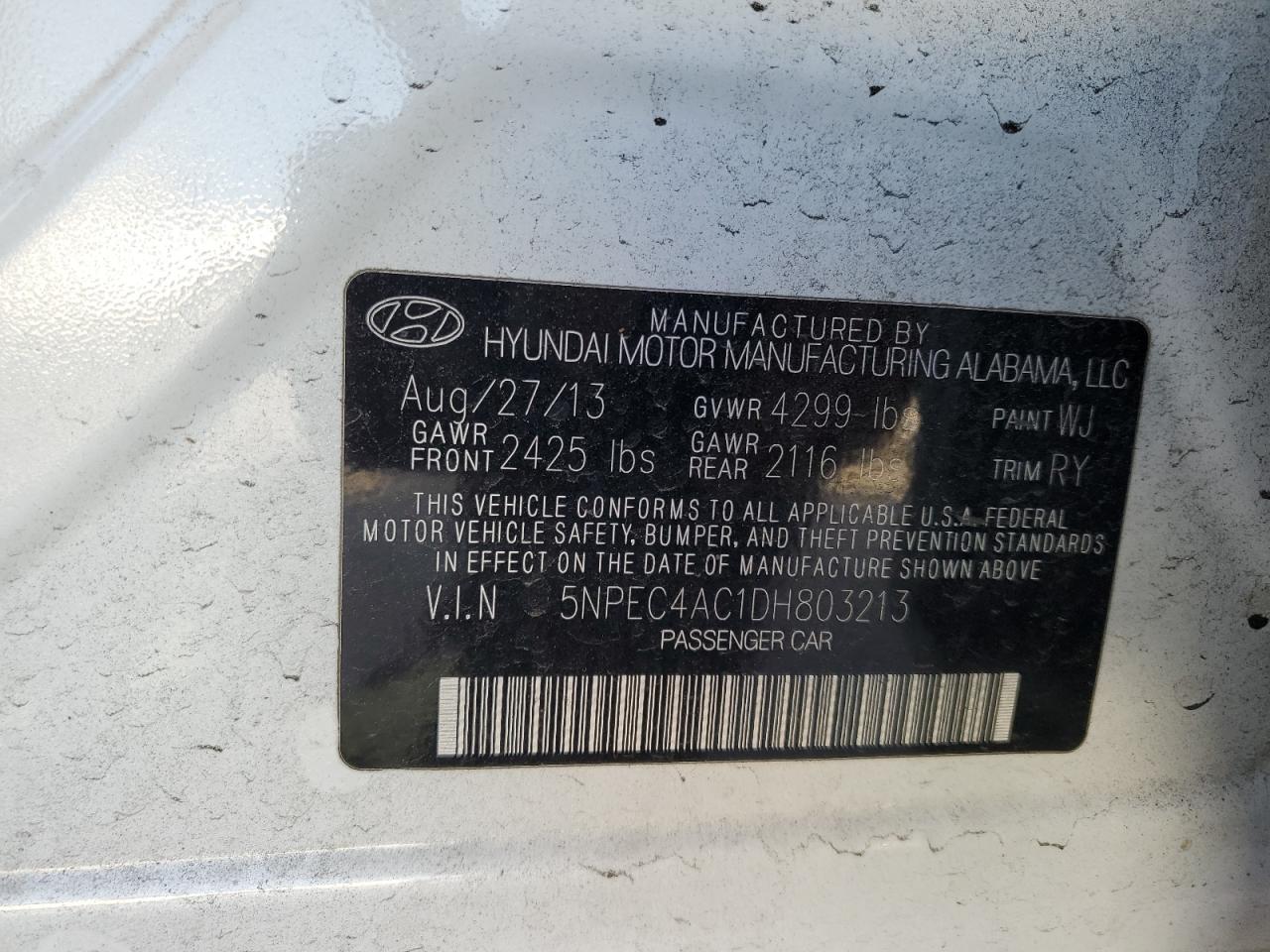 2013 Hyundai Sonata Se VIN: 5NPEC4AC1DH803213 Lot: 57831214