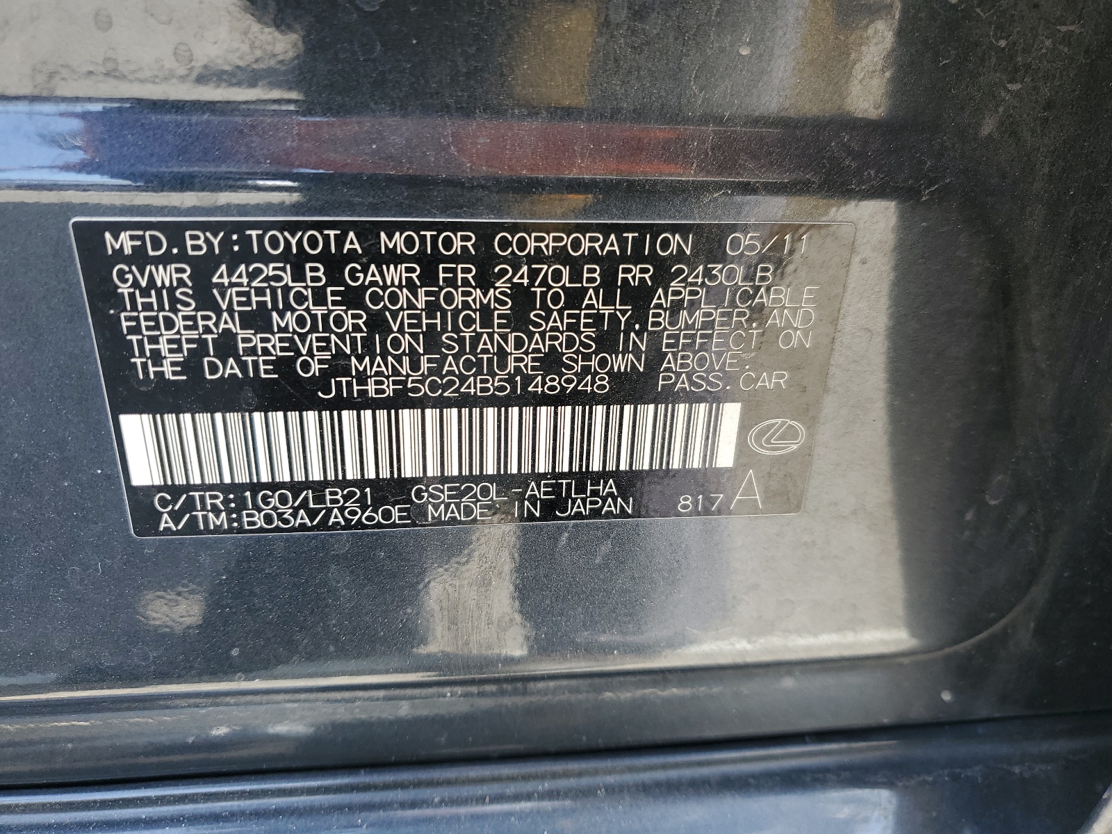 JTHBF5C24B5148948 2011 Lexus Is 250