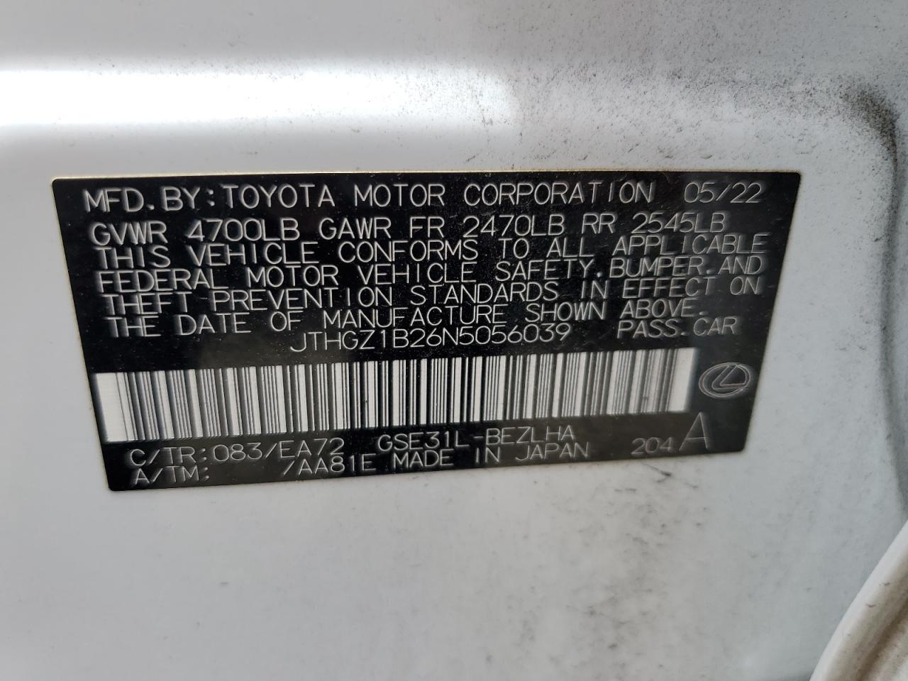 2022 Lexus Is 350 F-Sport VIN: JTHGZ1B26N5056039 Lot: 60521974