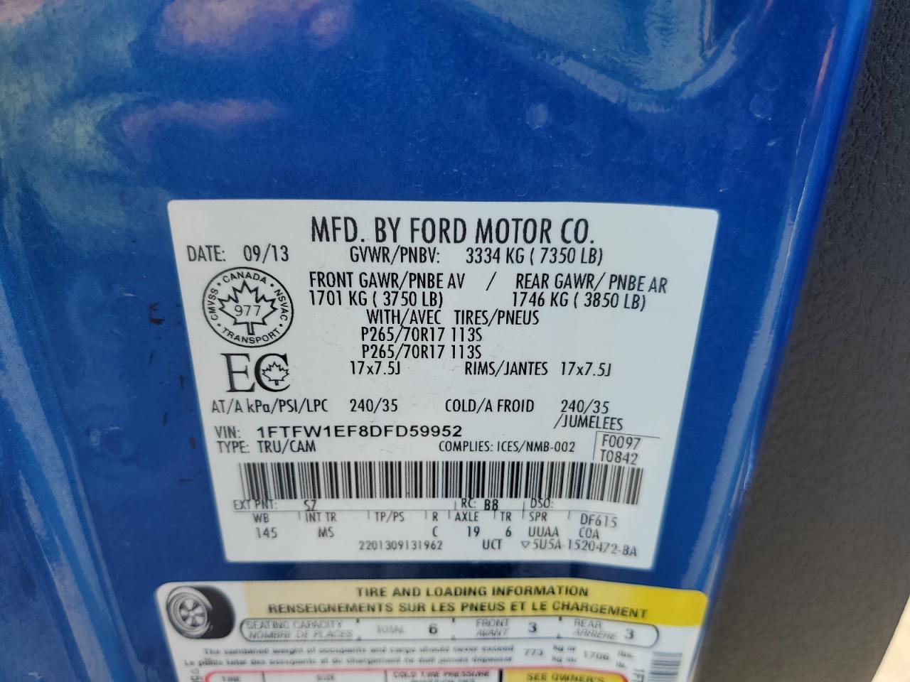 2013 Ford F150 Supercrew VIN: 1FTFW1EF8DFD59952 Lot: 60033914