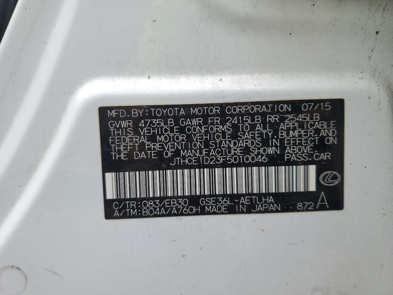 JTHCE1D23F5010046 2015 Lexus Is 350