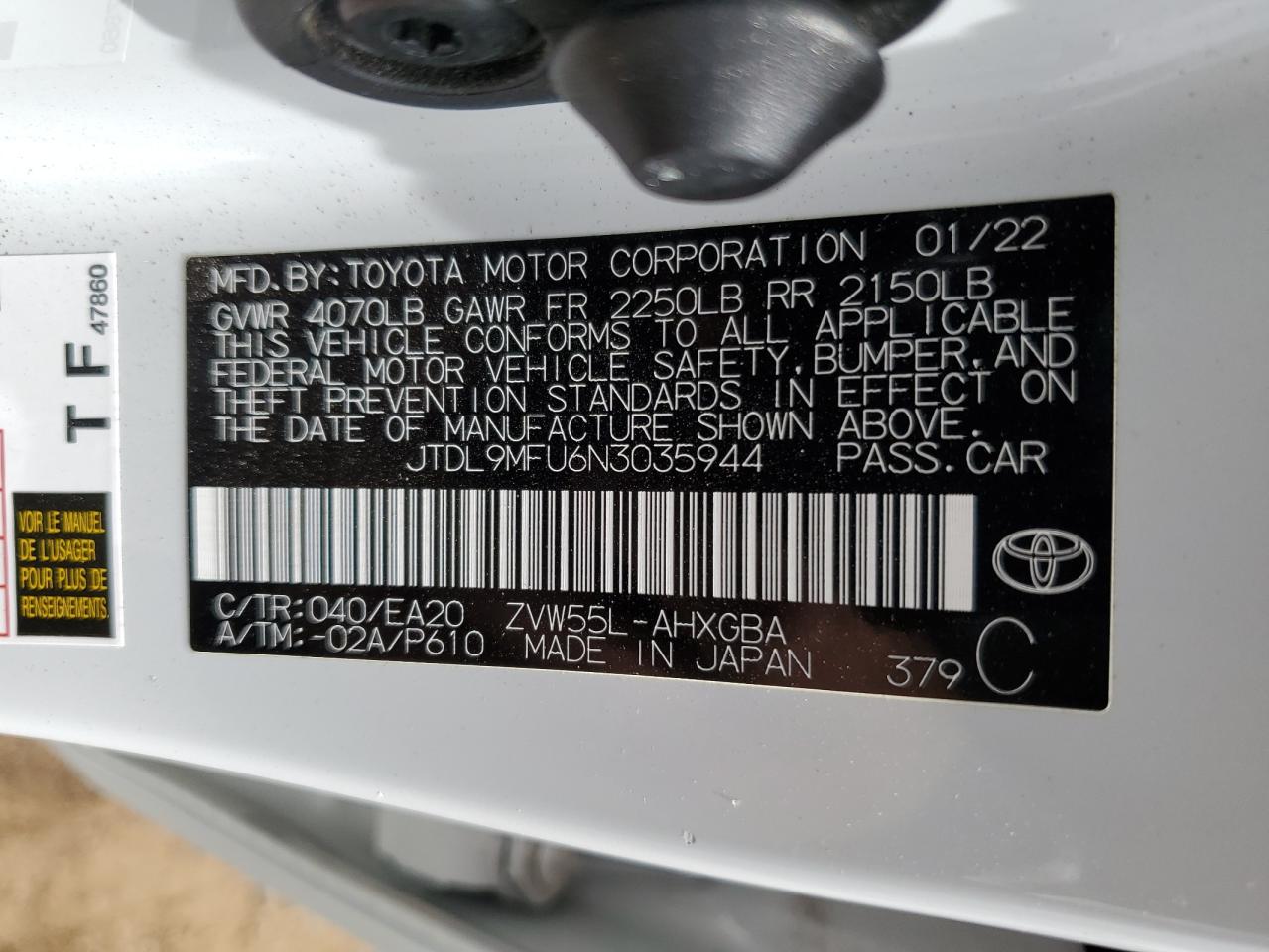 2022 Toyota Prius Le VIN: JTDL9MFU6N3035944 Lot: 57728724