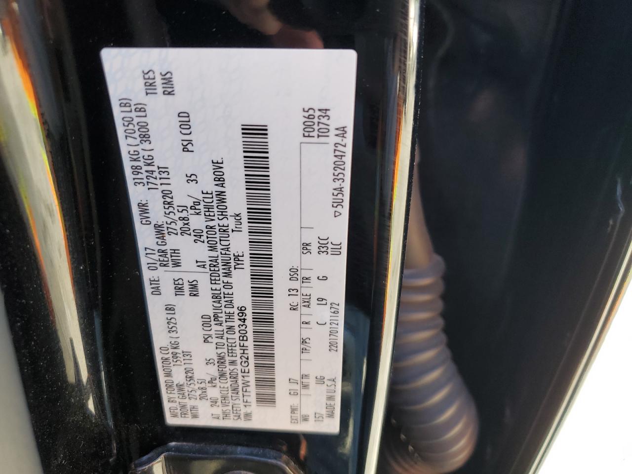 2017 Ford F150 Supercrew VIN: 1FTFW1EG2HFB03496 Lot: 58665304