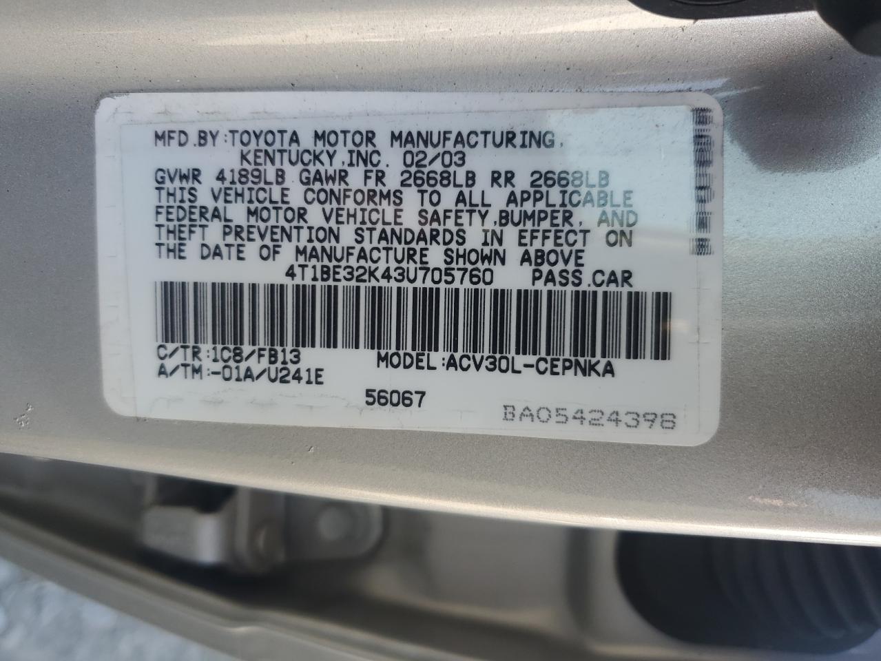 2003 Toyota Camry Le VIN: 4T1BE32K43U705760 Lot: 59832974