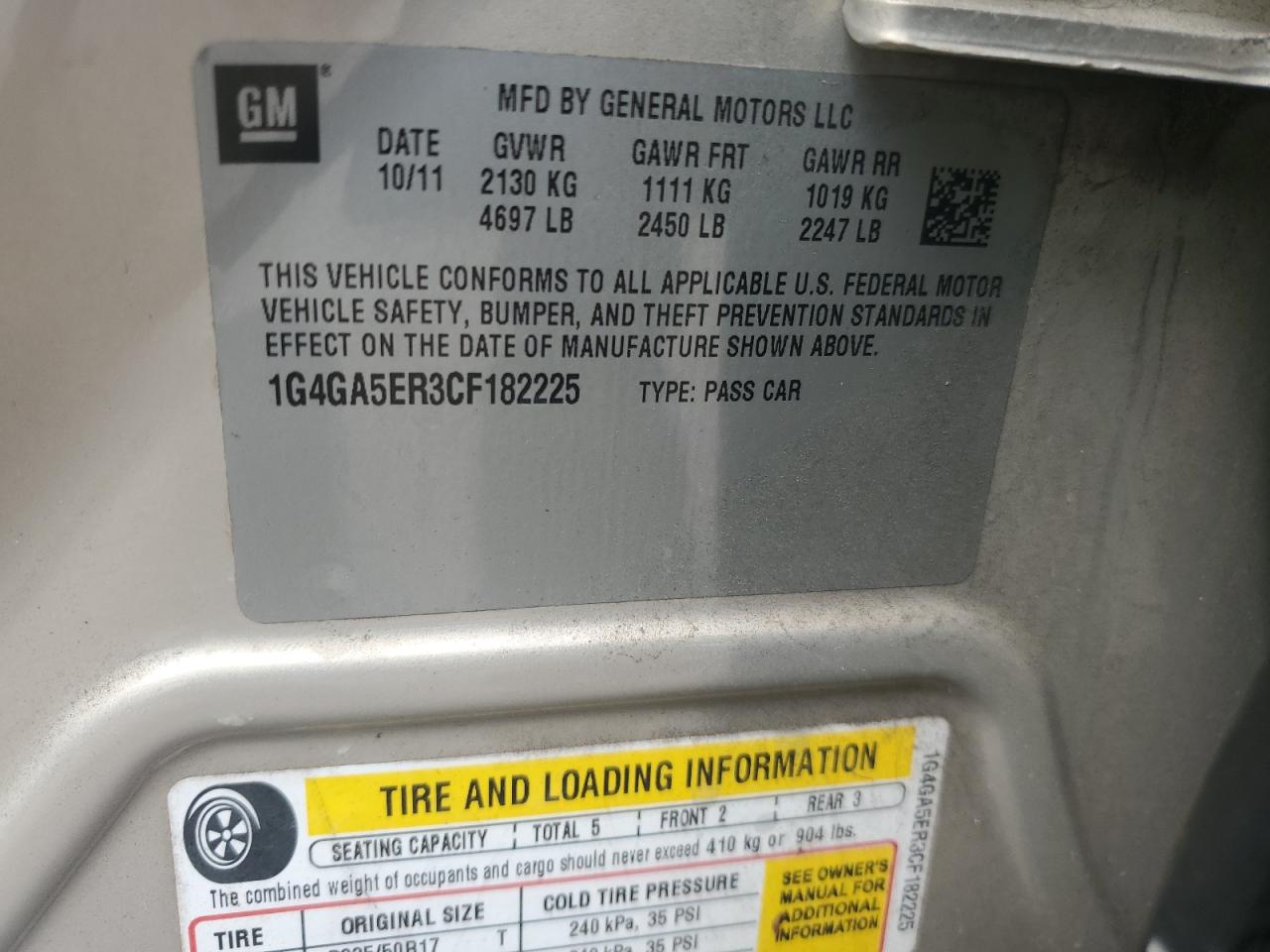 2012 Buick Lacrosse VIN: 1G4GA5ER3CF182225 Lot: 60033244