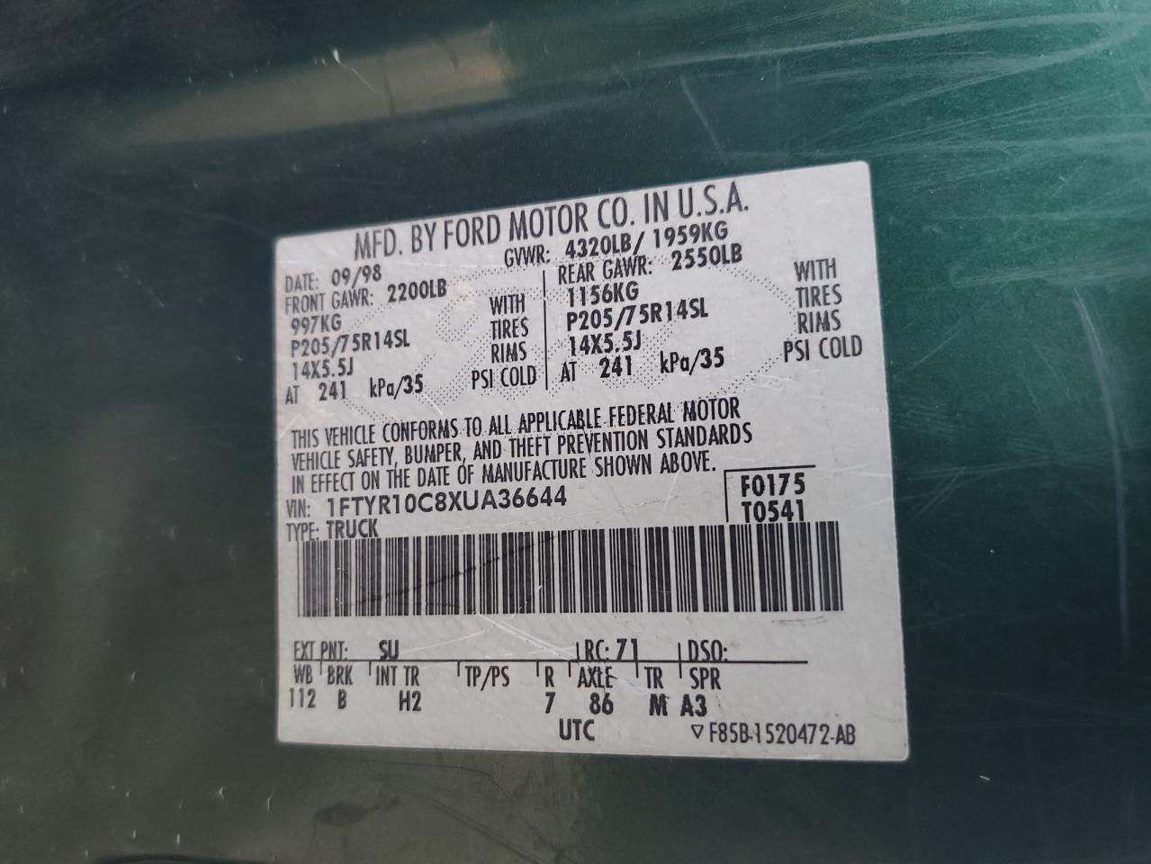 1999 Ford Ranger VIN: 1FTYR10C8XUA36644 Lot: 53343904