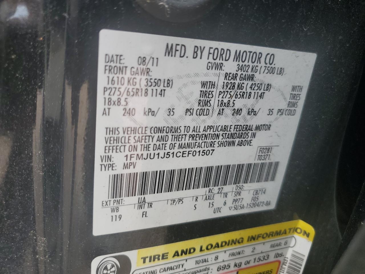 2012 Ford Expedition Xlt VIN: 1FMJU1J51CEF01507 Lot: 59635554