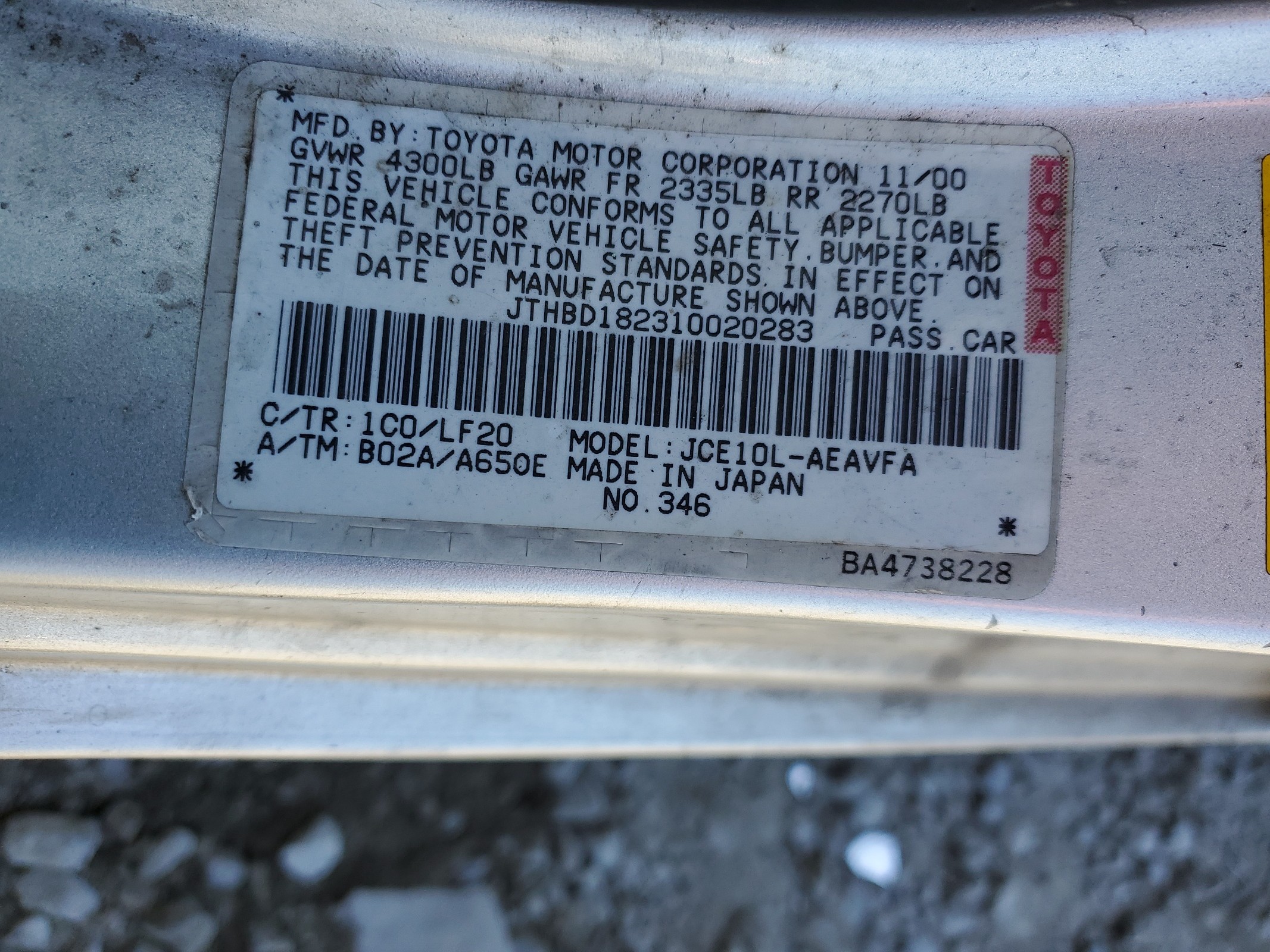 JTHBD182310020283 2001 Lexus Is 300