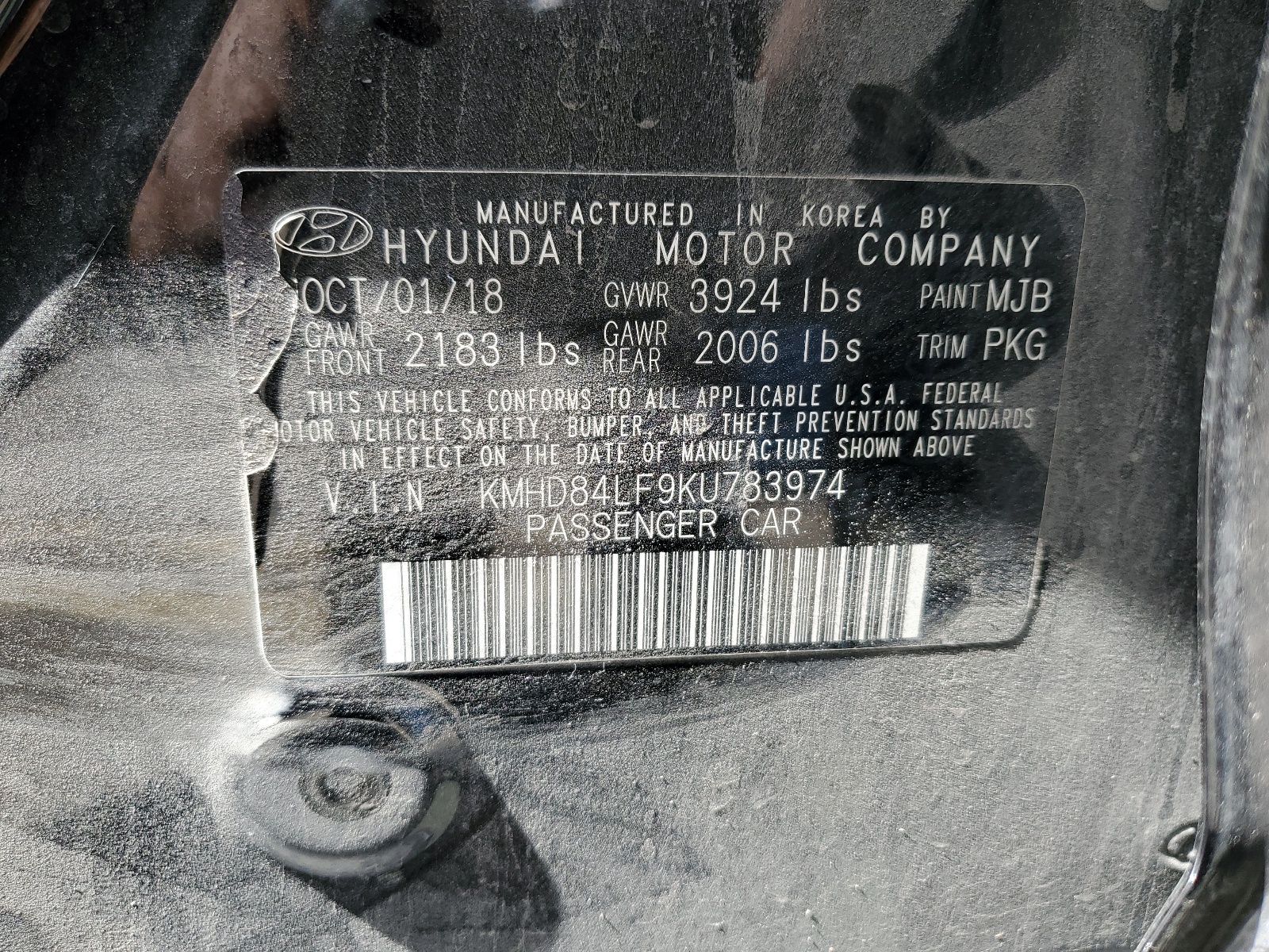 KMHD84LF9KU783974 2019 Hyundai Elantra Sel
