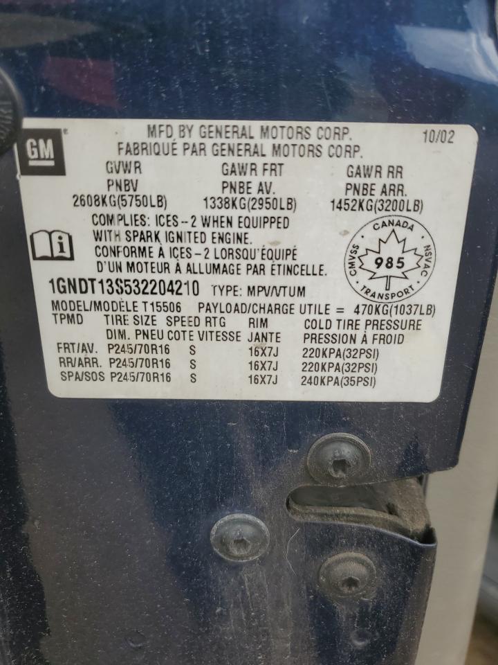 2003 Chevrolet Trailblazer VIN: 1GNDT13S532204210 Lot: 61083524