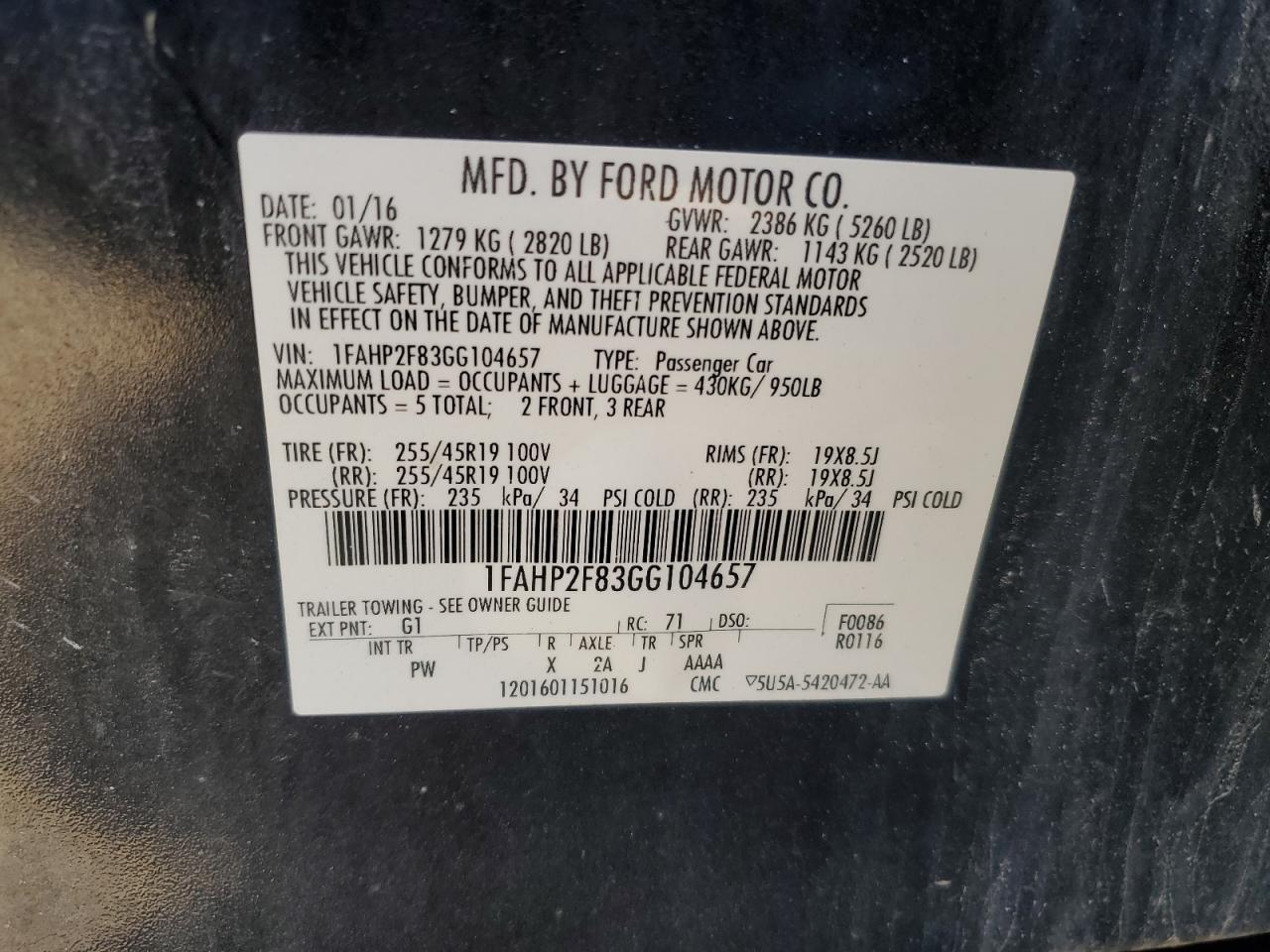 1FAHP2F83GG104657 2016 Ford Taurus Limited