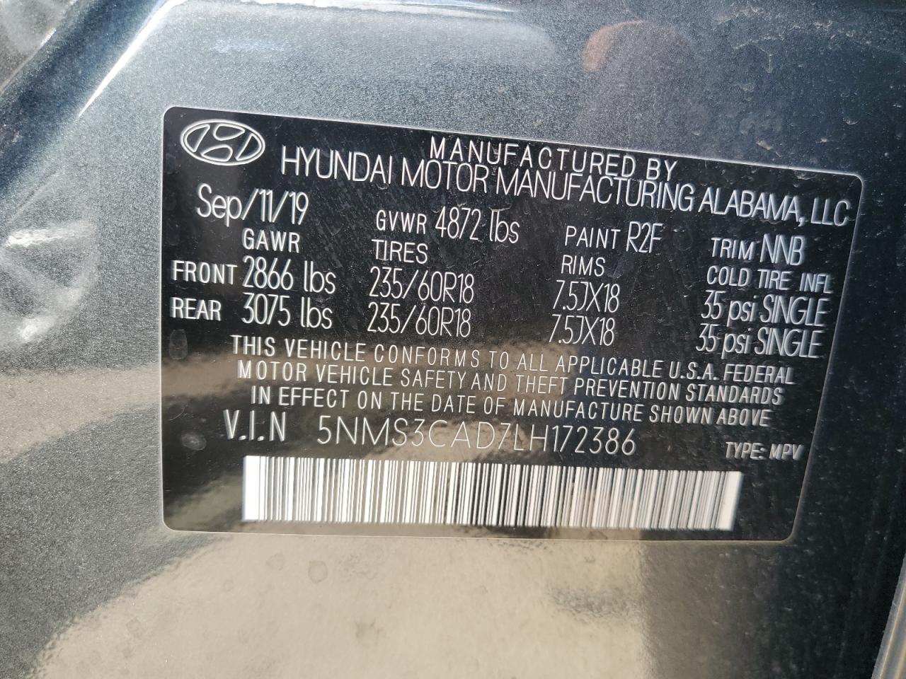 5NMS3CAD7LH172386 2020 Hyundai Santa Fe Sel