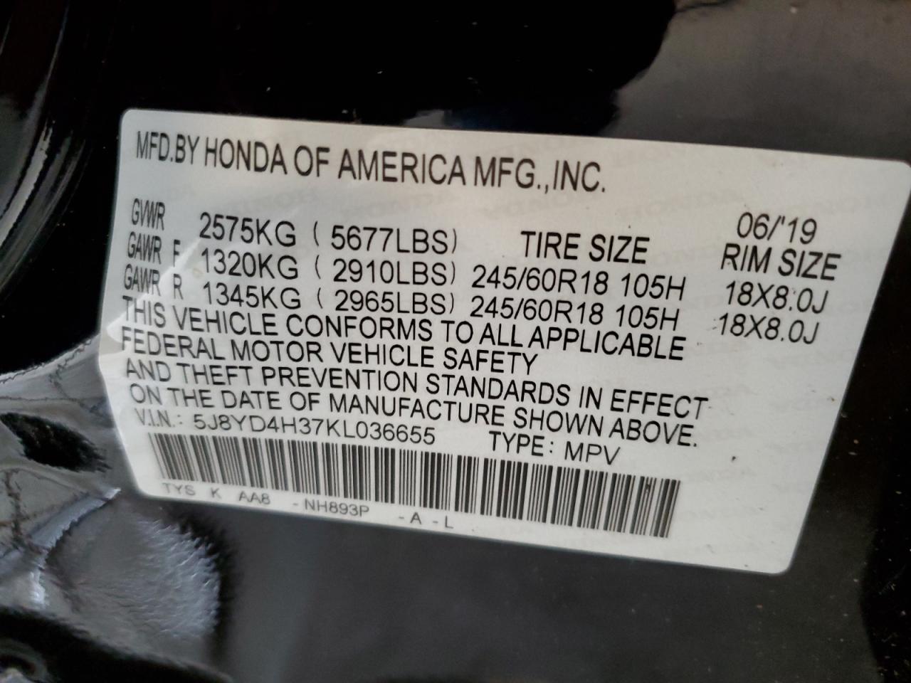 2019 Acura Mdx VIN: 5J8YD4H37KL036655 Lot: 56974914