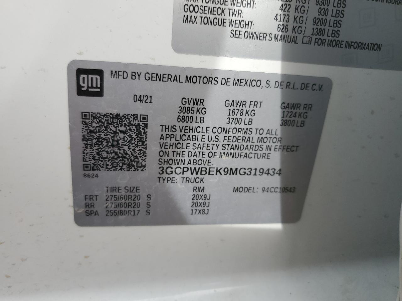 2021 Chevrolet Silverado C1500 Custom VIN: 3GCPWBEK9MG319434 Lot: 58007734