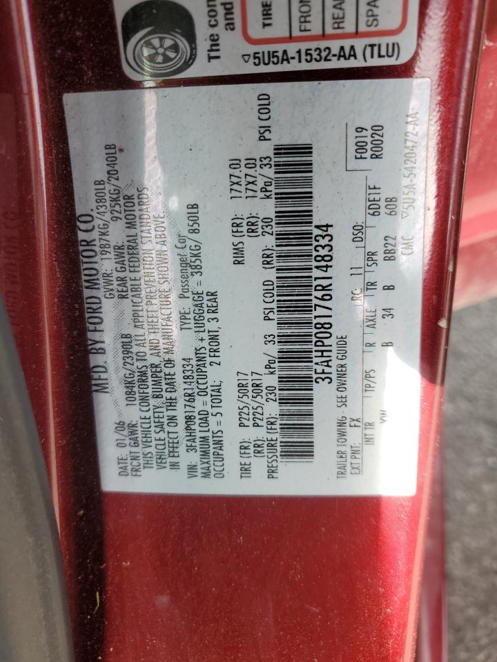 2006 Ford Fusion Sel VIN: 3FAHP08176R148334 Lot: 58285594