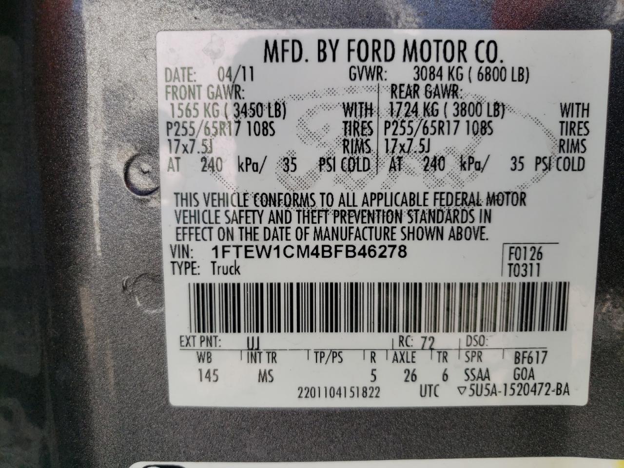 2011 Ford F150 Supercrew VIN: 1FTEW1CM4BFB46278 Lot: 59945024