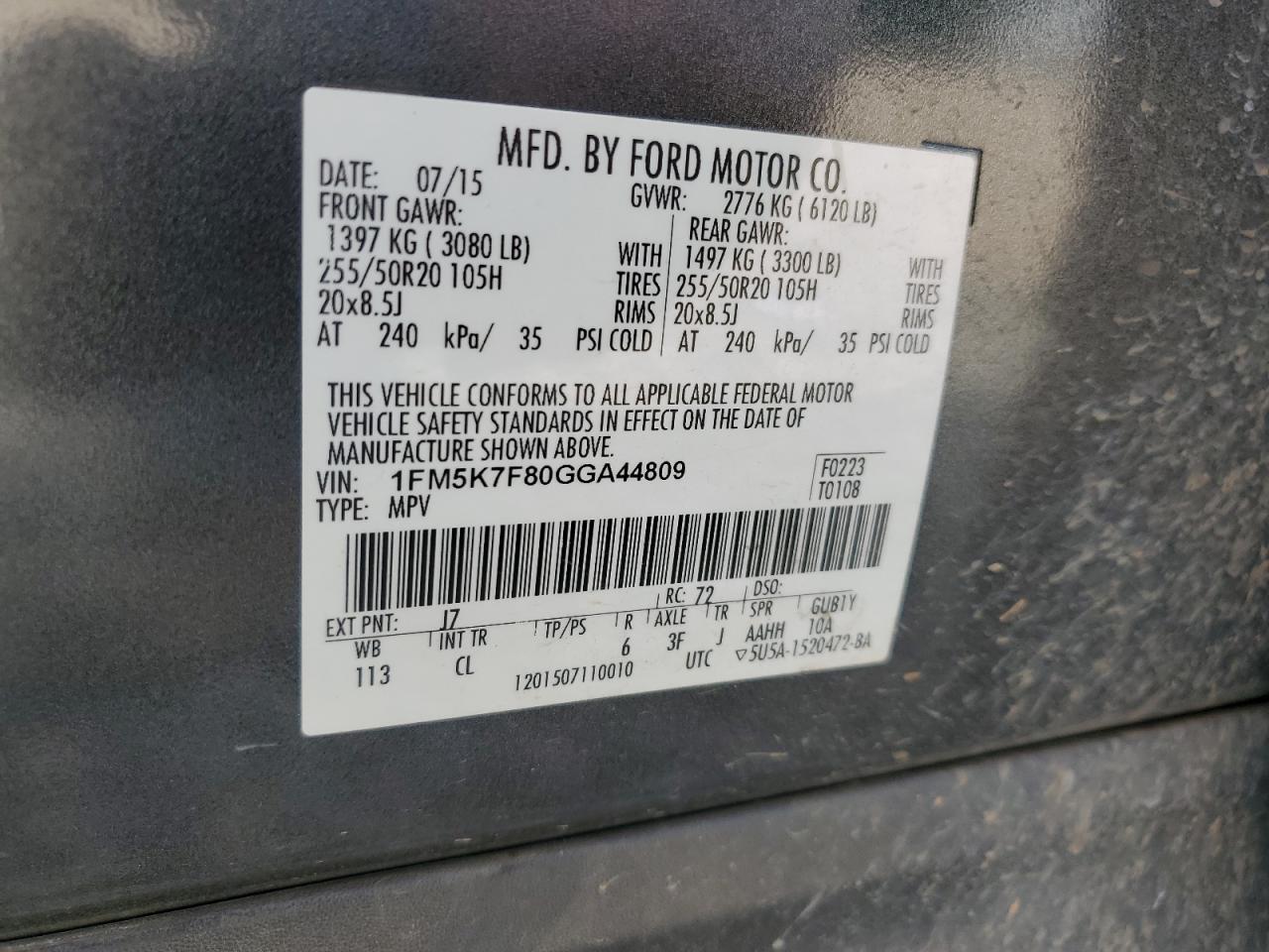 2016 Ford Explorer Limited VIN: 1FM5K7F80GGA44809 Lot: 59373634