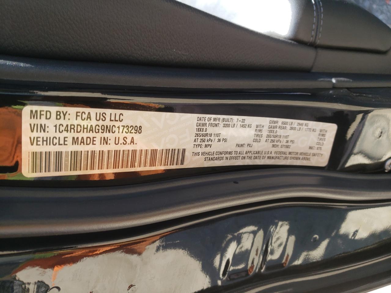 2022 Dodge Durango Sxt VIN: 1C4RDHAG9NC173298 Lot: 59241264