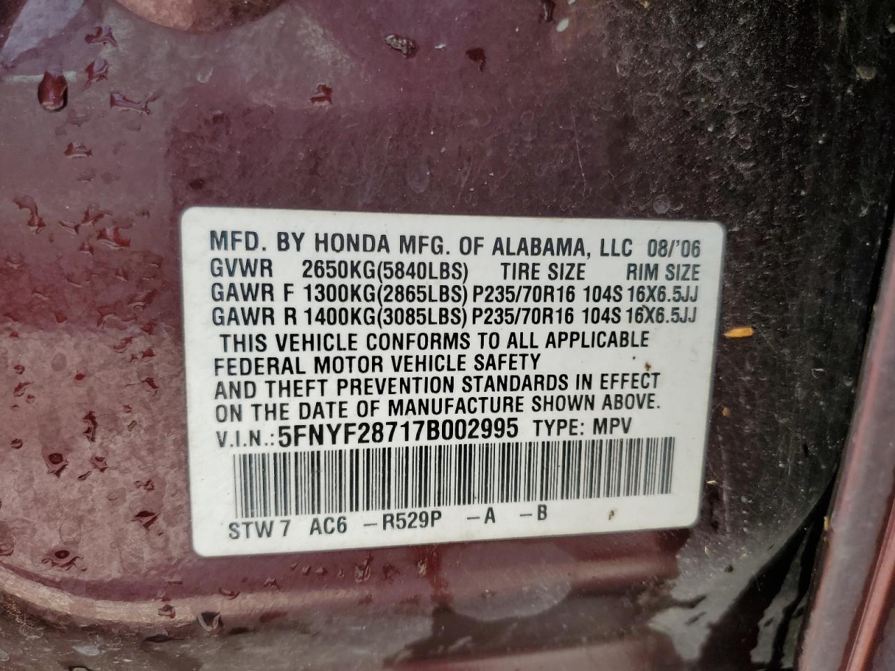 2007 Honda Pilot Exl VIN: 5FNYF28717B002995 Lot: 58850564