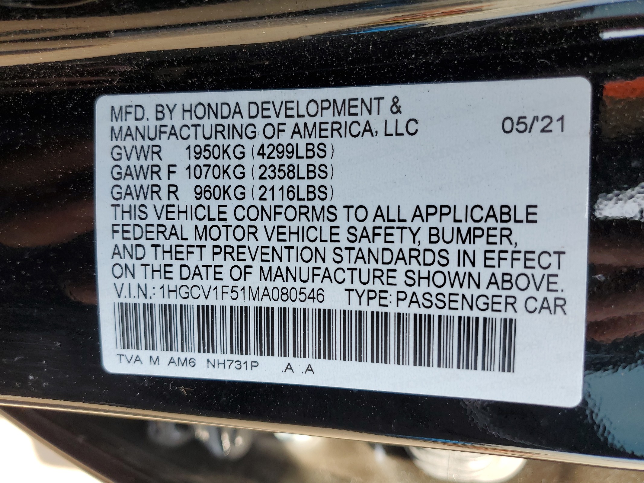 1HGCV1F51MA080546 2021 Honda Accord Exl