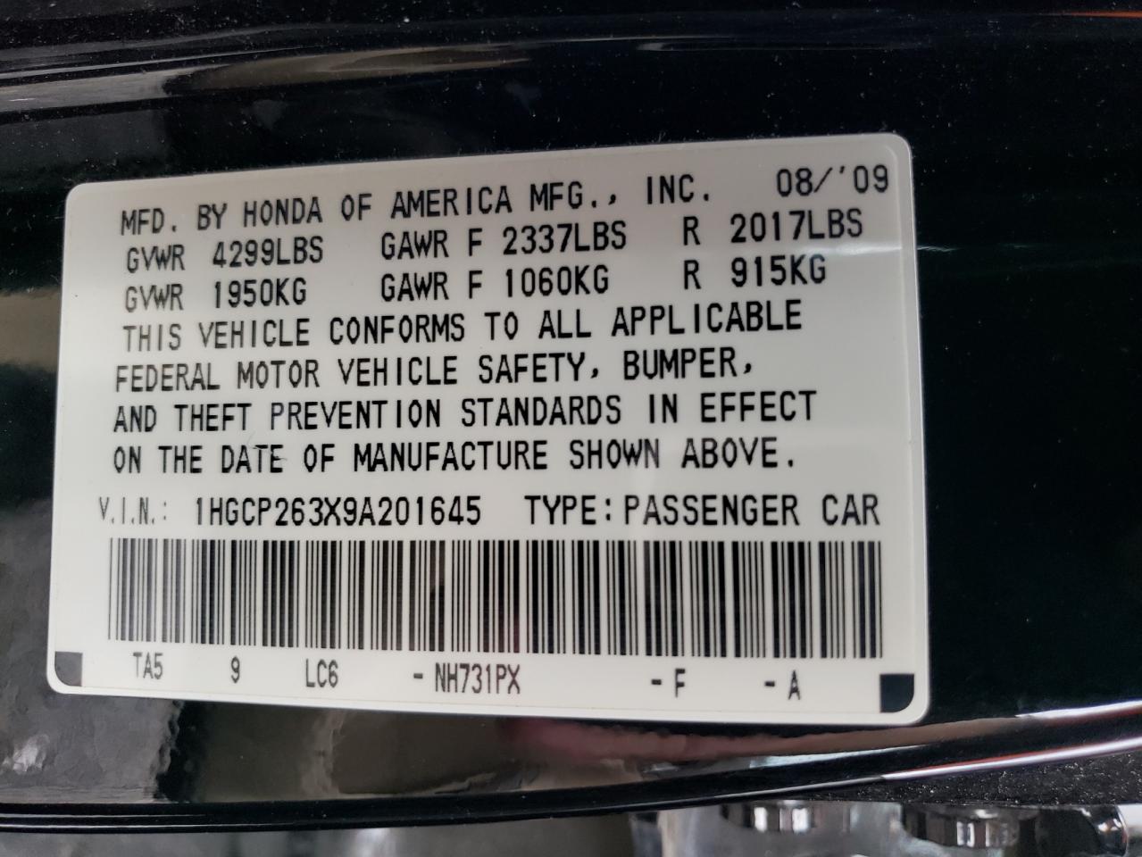 1HGCP263X9A201645 2009 Honda Accord Lx