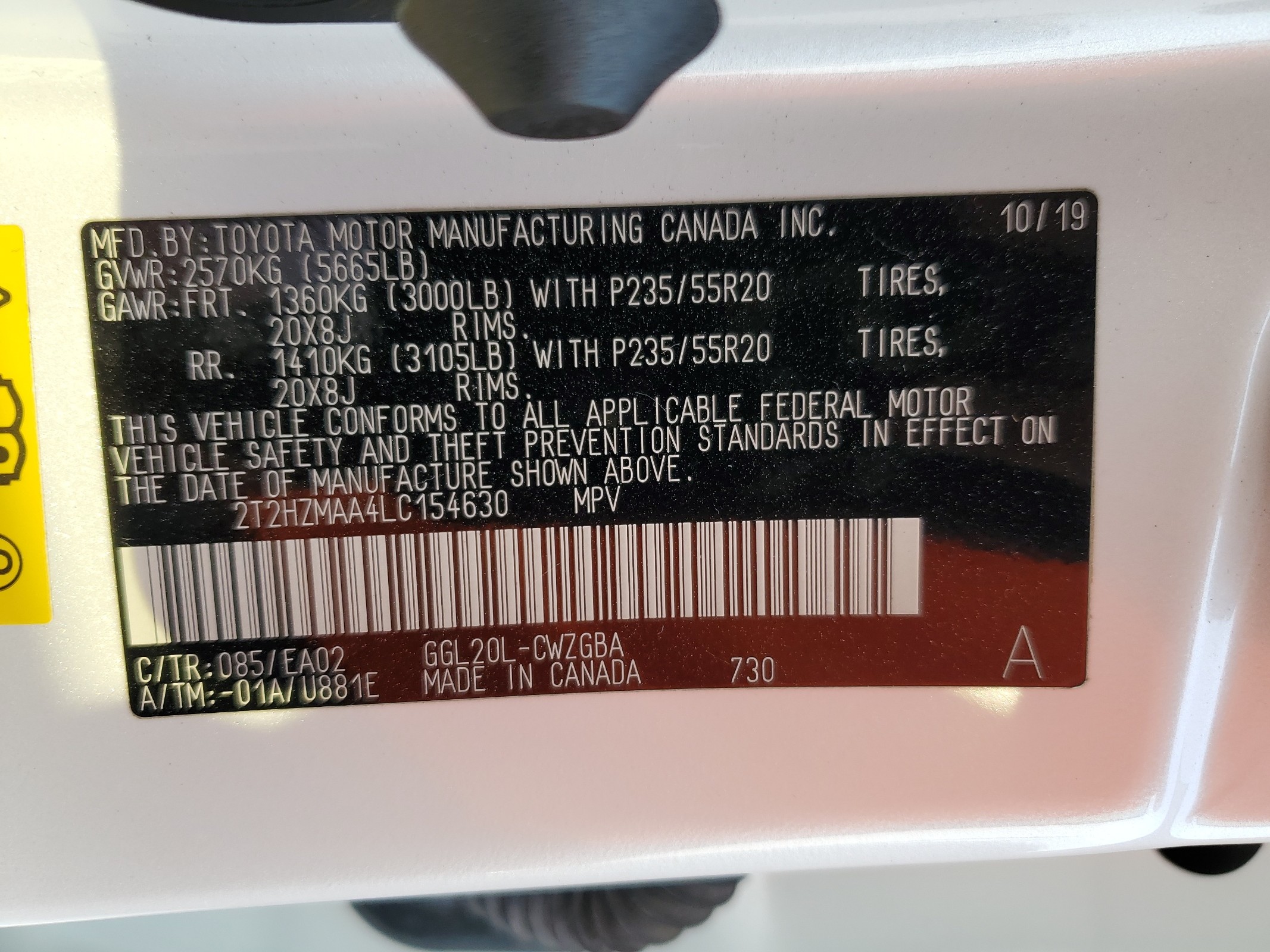 2T2HZMAA4LC154630 2020 Lexus Rx 350