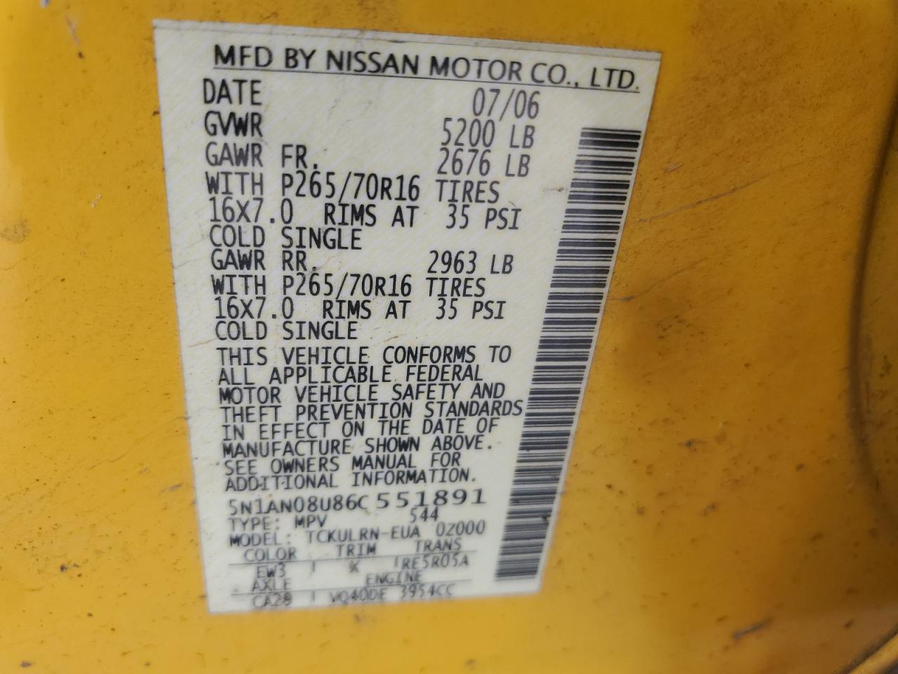 2006 Nissan Xterra Off Road VIN: 5N1AN08U86C551891 Lot: 59885974