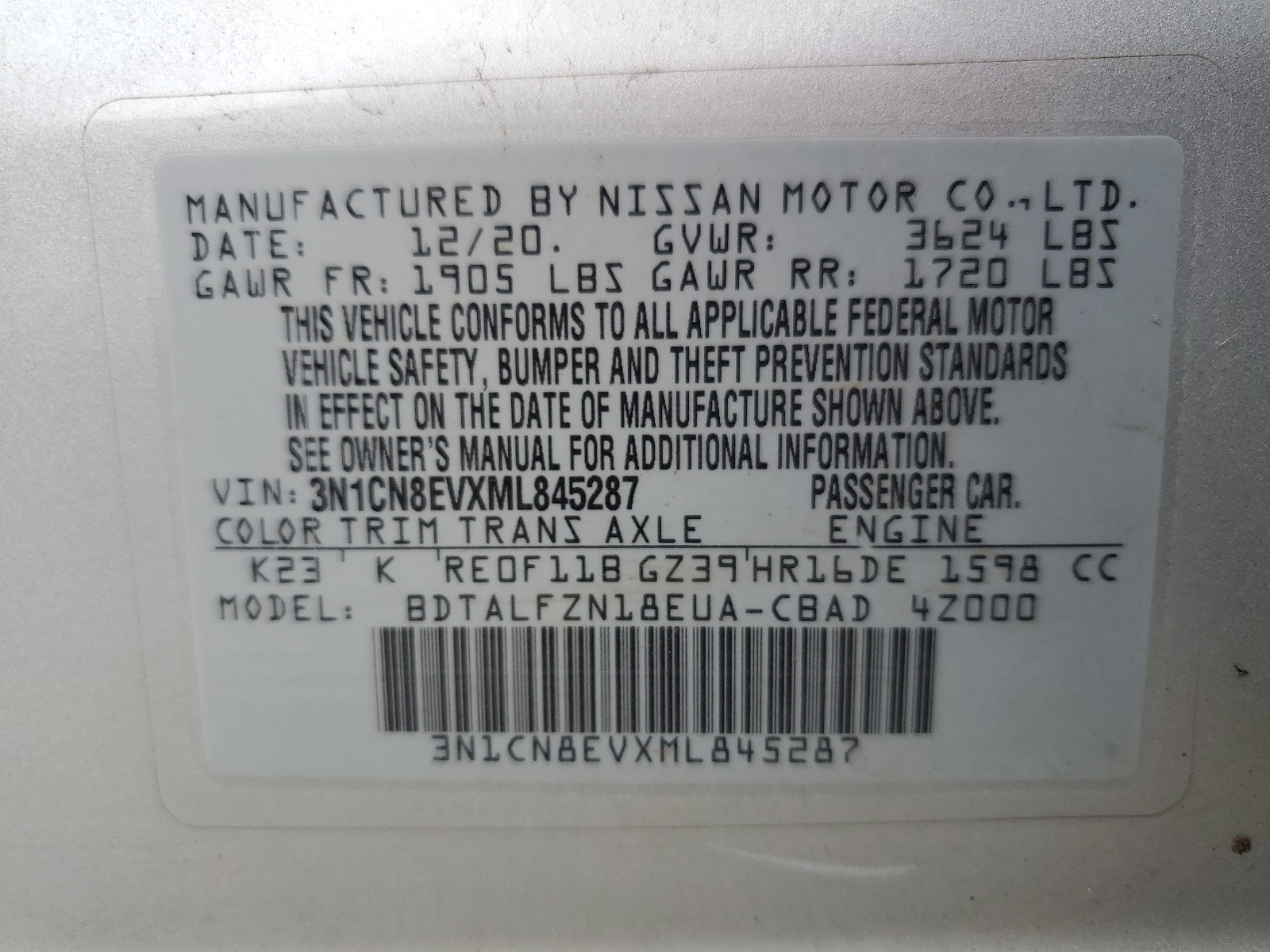 2021 Nissan Versa Sv vin: 3N1CN8EVXML845287