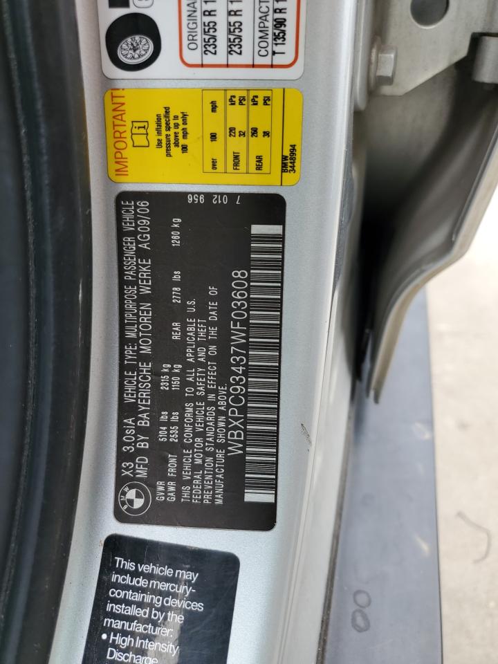 2007 BMW X3 3.0Si VIN: WBXPC93437WF03608 Lot: 60032914
