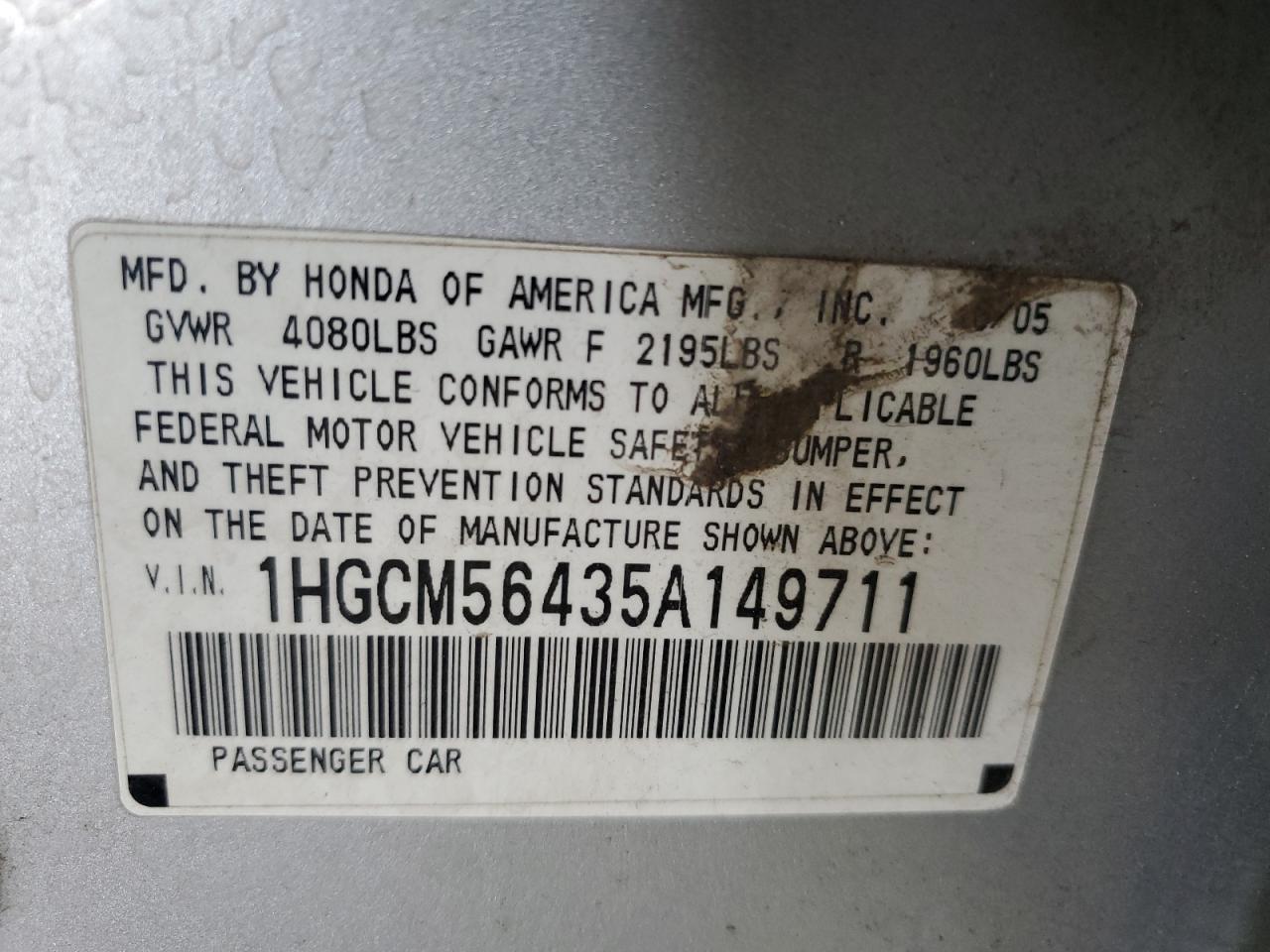 2006 Honda Accord Lx VIN: 1HGCM56435A149711 Lot: 57490614