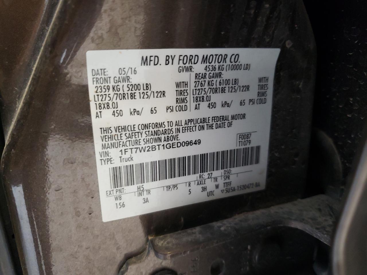 2016 Ford F250 Super Duty VIN: 1FT7W2BT1GED09649 Lot: 56912784