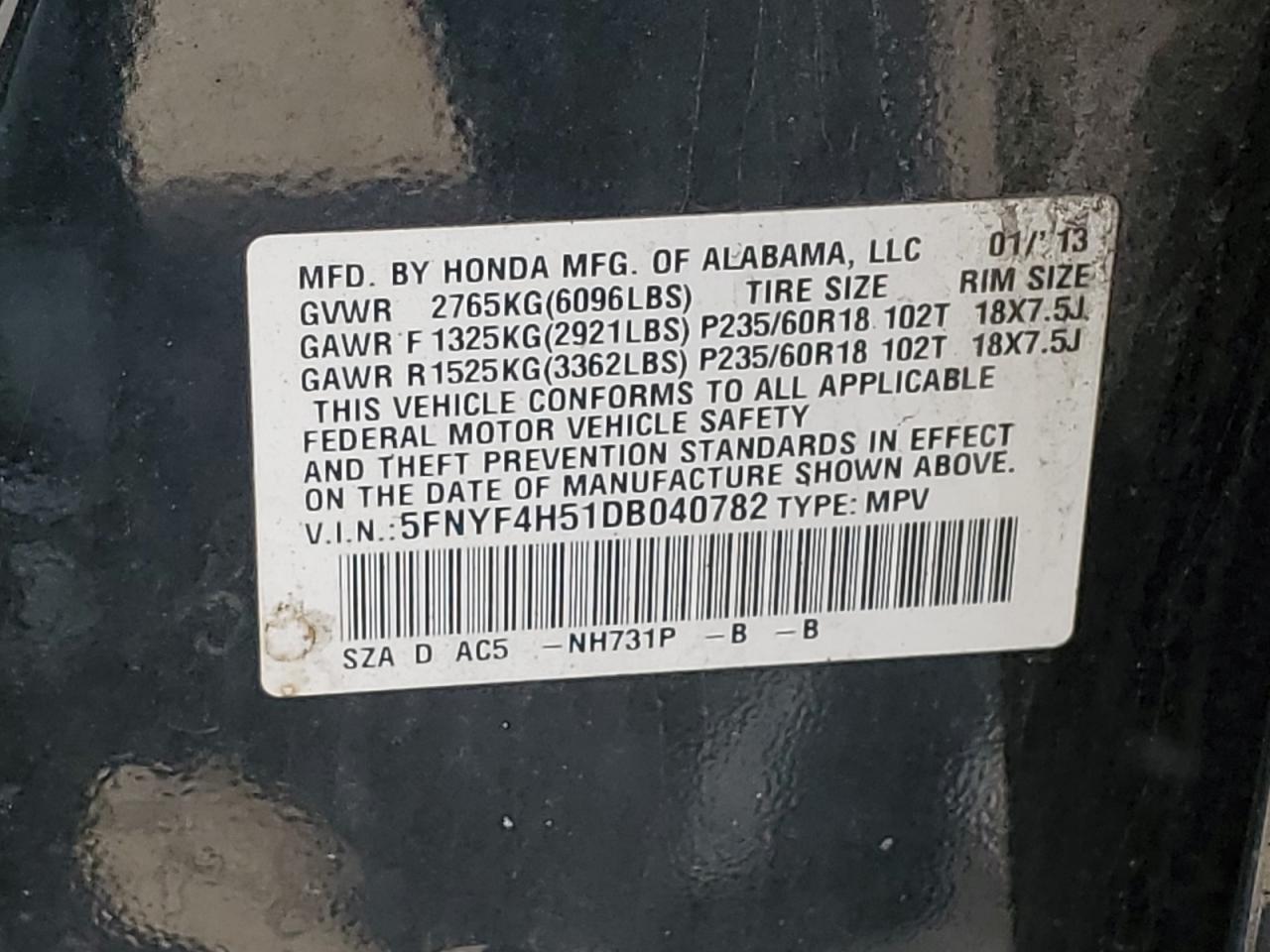 2013 Honda Pilot Exl VIN: 5FNYF4H51DB040782 Lot: 58365764