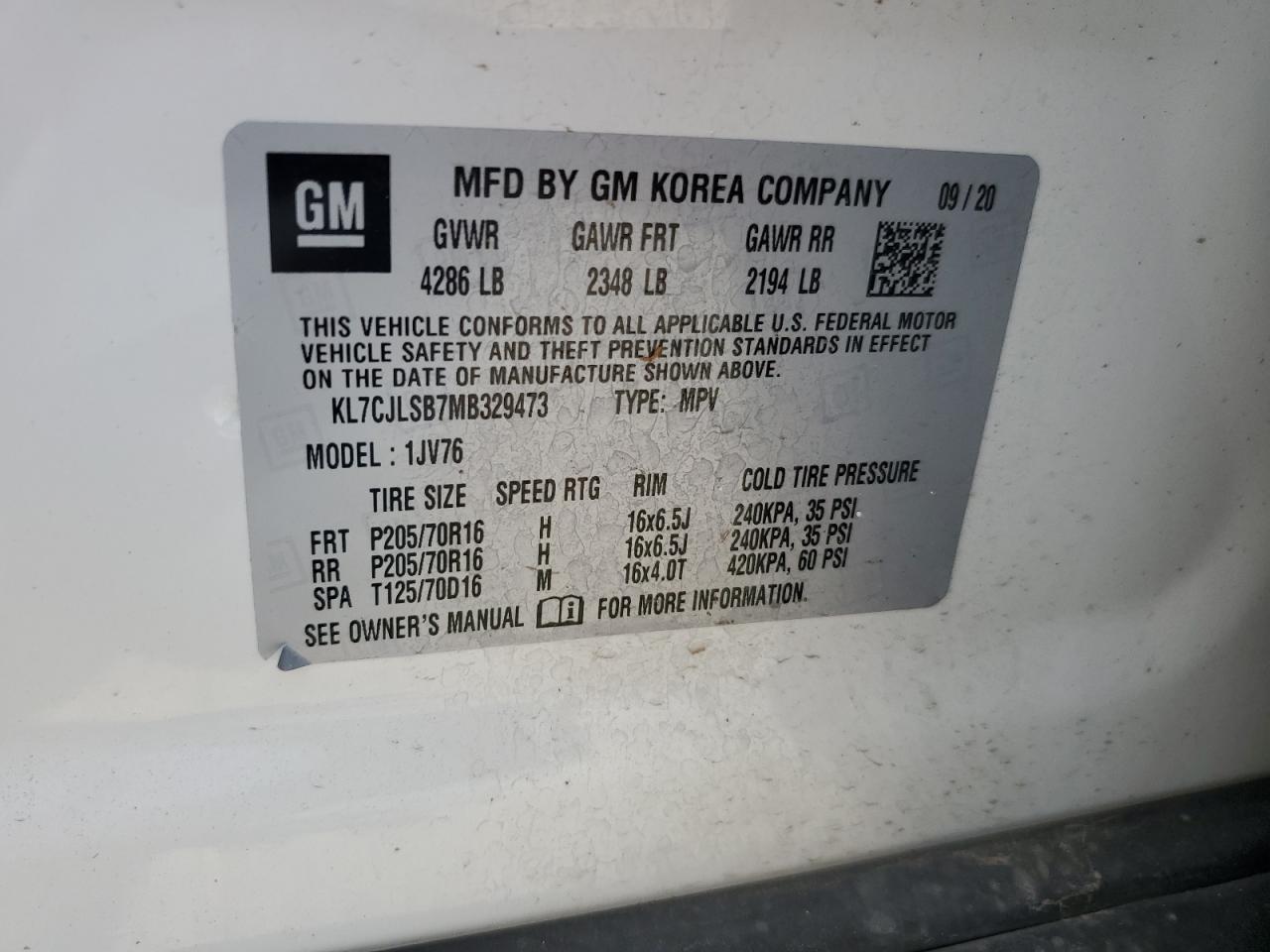 2021 Chevrolet Trax 1Lt VIN: KL7CJLSB7MB329473 Lot: 59183654