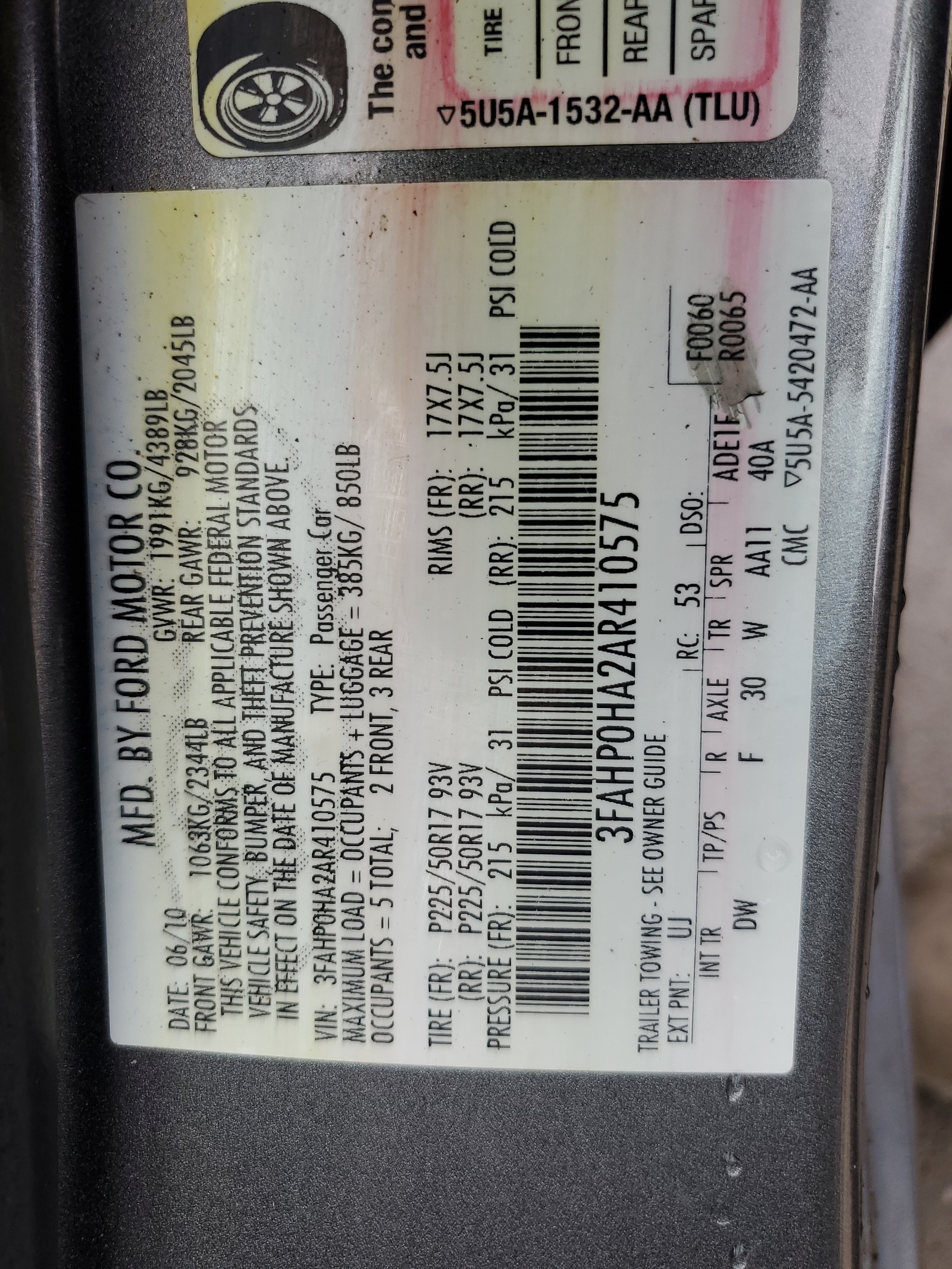 3FAHP0HA2AR410575 2010 Ford Fusion Se